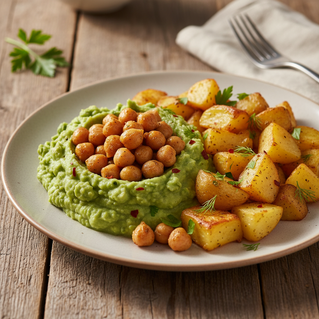 Nourishing and Easy Meatless Breakfast: Split Pea Mash with Chickpeas and Roasted Potatoes